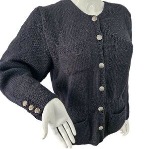 Tricots St Raphael Hand Knit Black Wool Cardigan Womens M Fitted Sweater VTG 80s